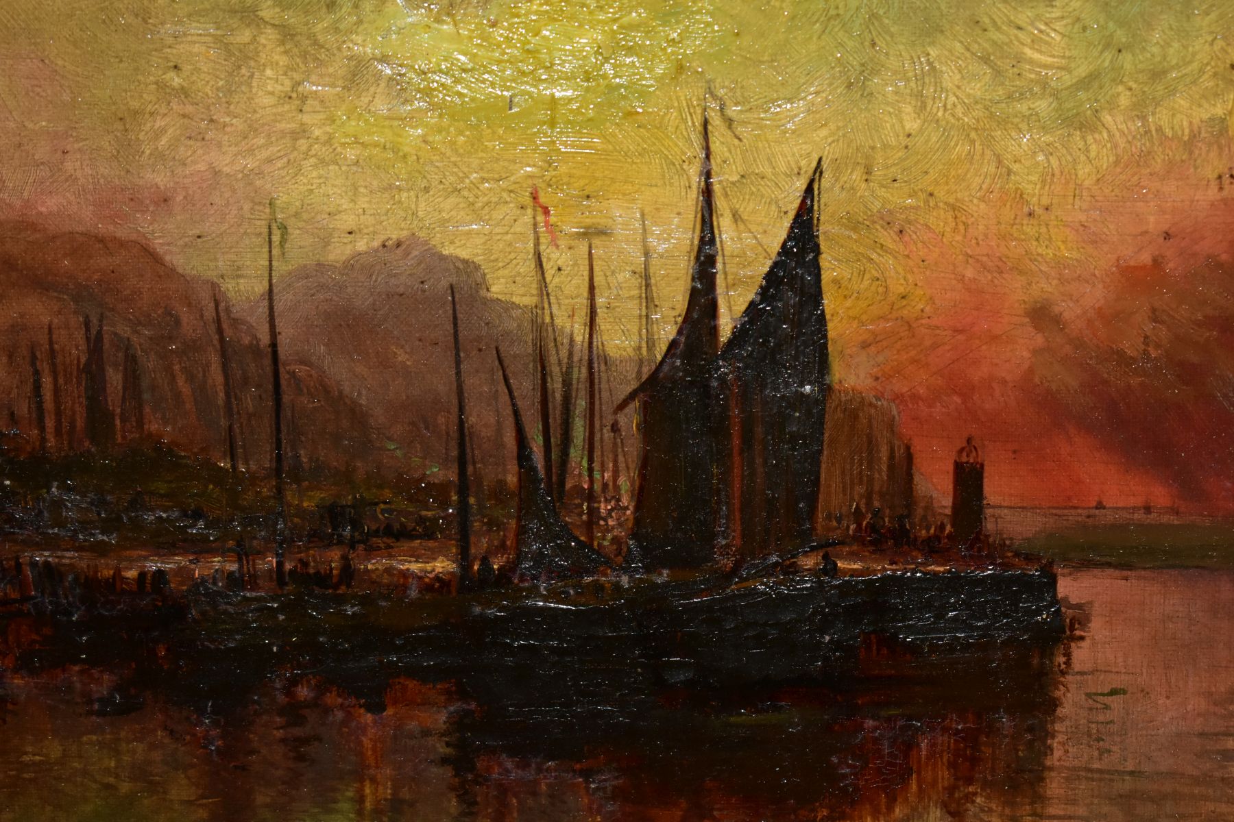 HUME NISBET (1849-1923), a sunset maritime harbour scene, boats to the foreground, hills to the - Image 2 of 8