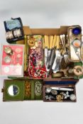 A BOX OF ASSORTED ITEMS, to include a silver brooch fitted with a purple paste, hallmarked