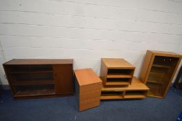 A QUANTITY OF TEAK FURNITURE comprising a teak display case, with four glass shelves and internal