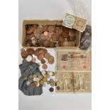 A SMALL BOX OF MIXED COINAGE, to include a couple of early German inflation banknotes with lots of