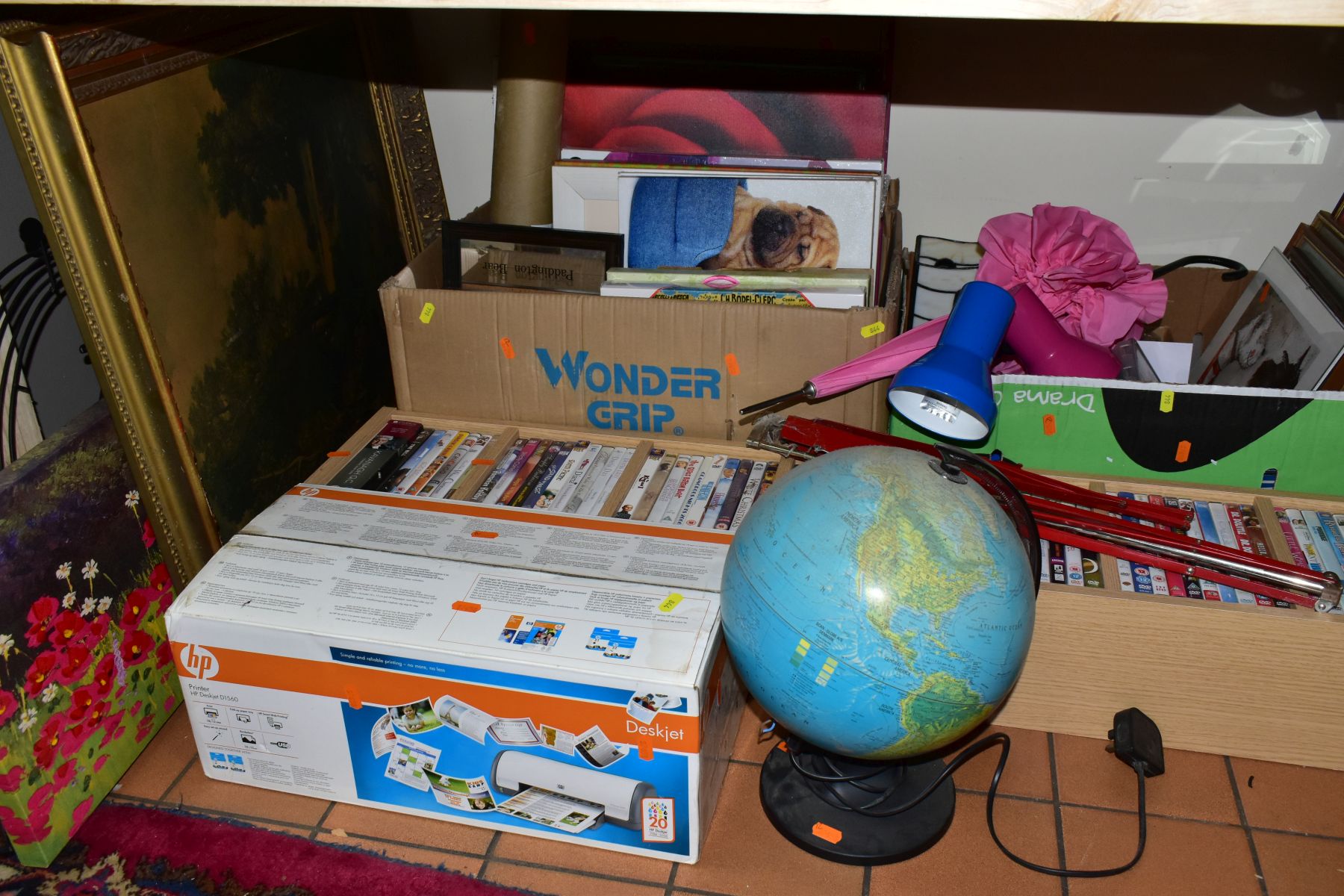 TWO BOXES AND LOOSE, PICTURES, DVD'S IN STAND, LIGHTS, BOXED HP DESKJET, ETC, to include a Scan-