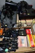 A BOX AND BAG CONTAINING CAMERAS AND EQUIPMENT including a Canon EOS 10D digital SLR camera with