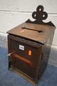 A WOODEN ECCLESIASTICAL LETTER/DONATION BOX, the top and letter opening above door reading '