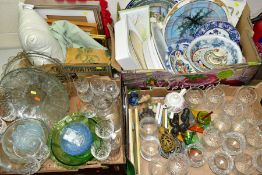FOUR BOXES OF CERAMICS AND GLASSWARE, containing a selection of crystal glassware, coloured glass,