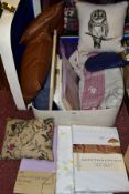 A BOX AND VINTAGE SUITCASE FILLED WITH CUSHIONS, BEDDING AND OTHER SOFT FURNISHINGS, to include