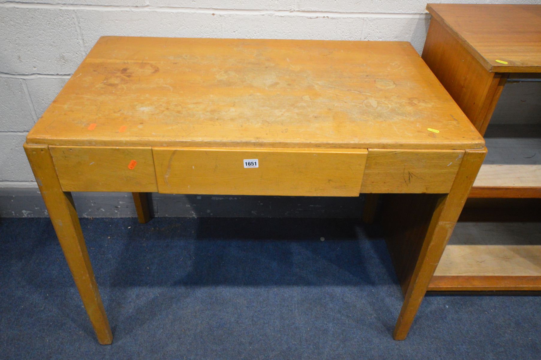 AN ASH SCHOOL DESK with a single drawer, width 99cm x depth 62cm x height 78cm a teak cabinet with - Image 2 of 3