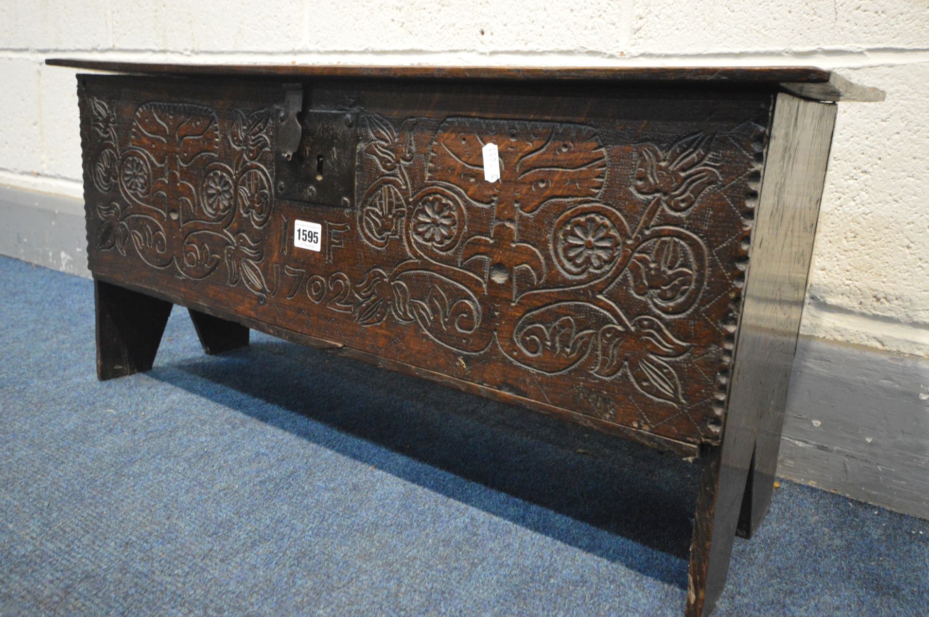 AN EARLY 18TH CENTURY OAK SIX PLANK BOARDED CHEST, with a moulded edge and iron hinged lid, and - Image 3 of 6