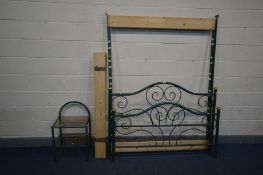 A GREEN METAL 4FT6 BEDSTEAD (with all slats) together with a matching bedside (2)