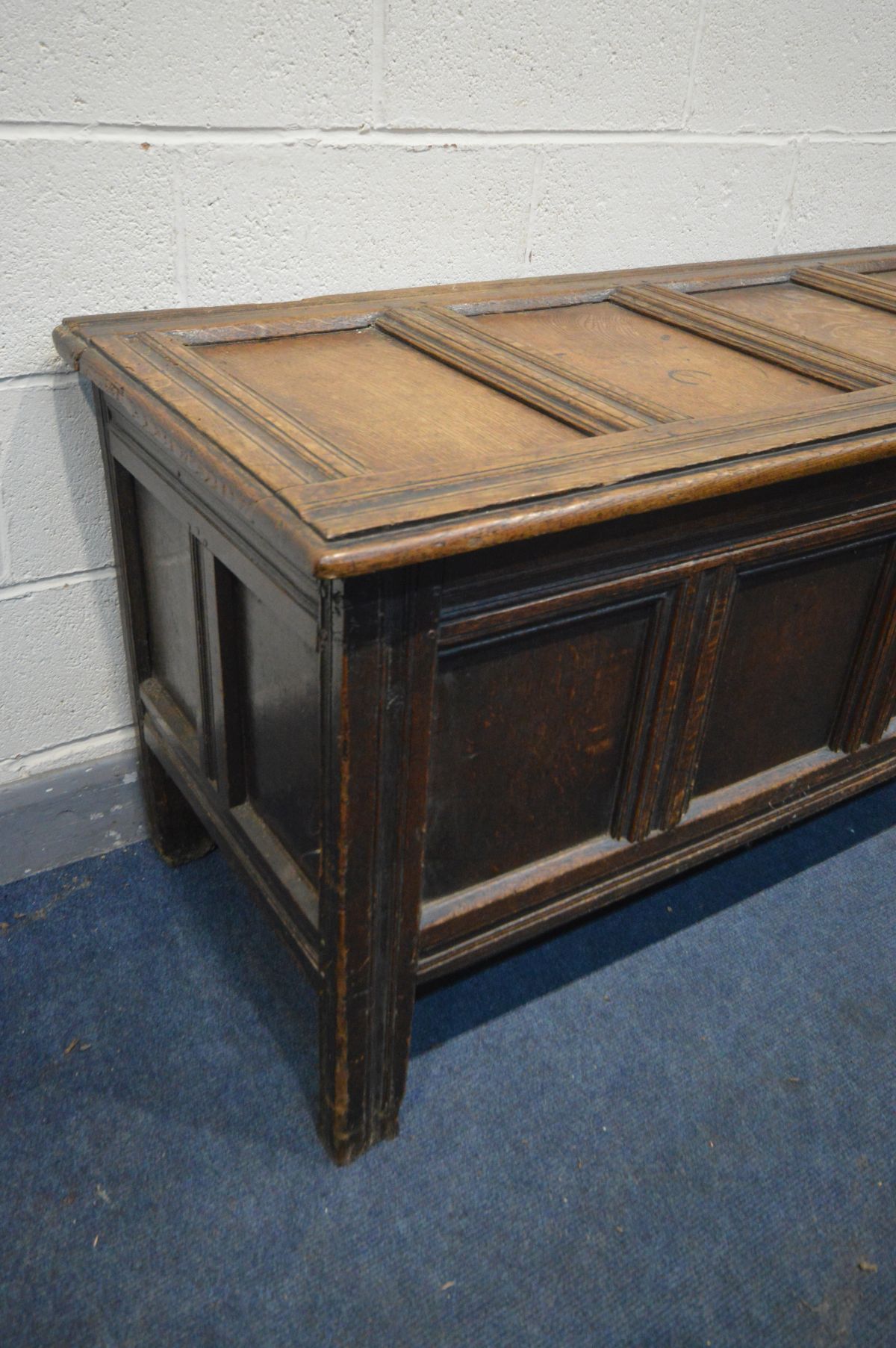 A GEORGIAN OAK PANELLED COFFER, width 141cm x depth 57cm x height 69cm (condition:- some ink stains) - Image 3 of 4