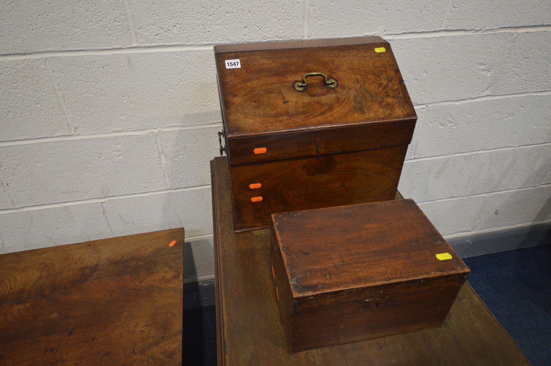 A VICTORIAN SQUARE TOPPED OCCASIONAL TABLE, on a triform base, along with a mahogany Pembroke table, - Image 2 of 3