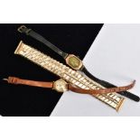 A 9CT GOLD LADIES WRISTWATCH, A LADIES GOLD-PLATED WRISTWATCH AND A ROLLED GOLD FLEXI LINK BRACELET,