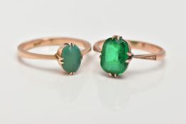 TWO YELLOW METAL DRESS RINGS, the first designed with a rounded rectangular green stone assessed