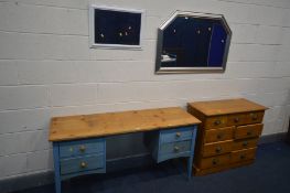 A PARTIALLY PAINTED AND PINE DRESSING TABLE, length 143cm (Sd) along with a pine chest of nine