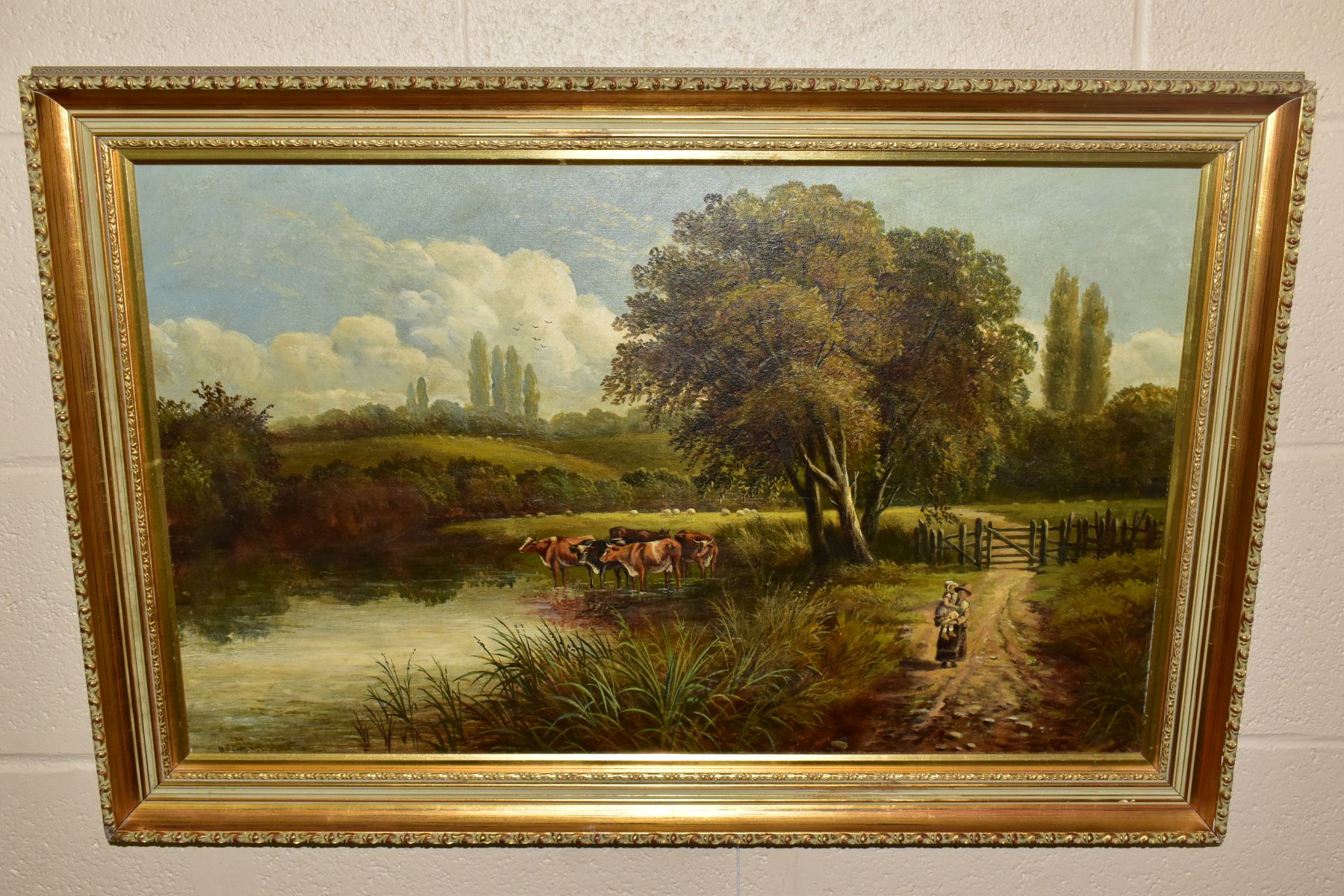 WILLIAM P CARTWRIGHT (1855-1915) an extensive landscape with cattle drinking in a stream, signed