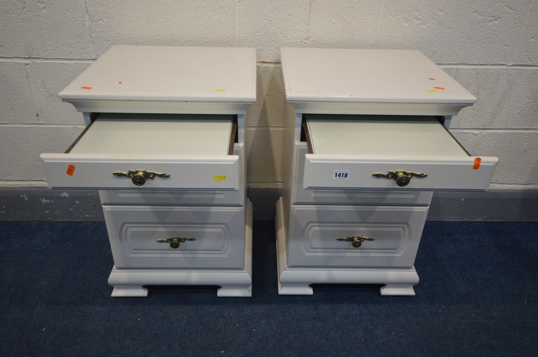 A PAIR OF WHITE THREE DRAWER BEDSIDE CABINETS, the top drawers with a pull out glass surface, on - Image 2 of 2