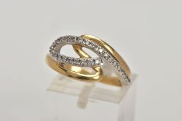 A YELLOW METAL DIAMOND RING, of an openwork crossover style, set with round brilliant cut