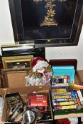 THREE BOXES AND LOOSE PICTURES, BOOKS, DVD'S, VHS TAPES AND SUNDRY ITEMS, to include a variety of