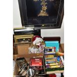 THREE BOXES AND LOOSE PICTURES, BOOKS, DVD'S, VHS TAPES AND SUNDRY ITEMS, to include a variety of