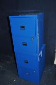 TWO MODERN METAL FILING CABINETS both in blue with two drawers and keys to each (one missing a