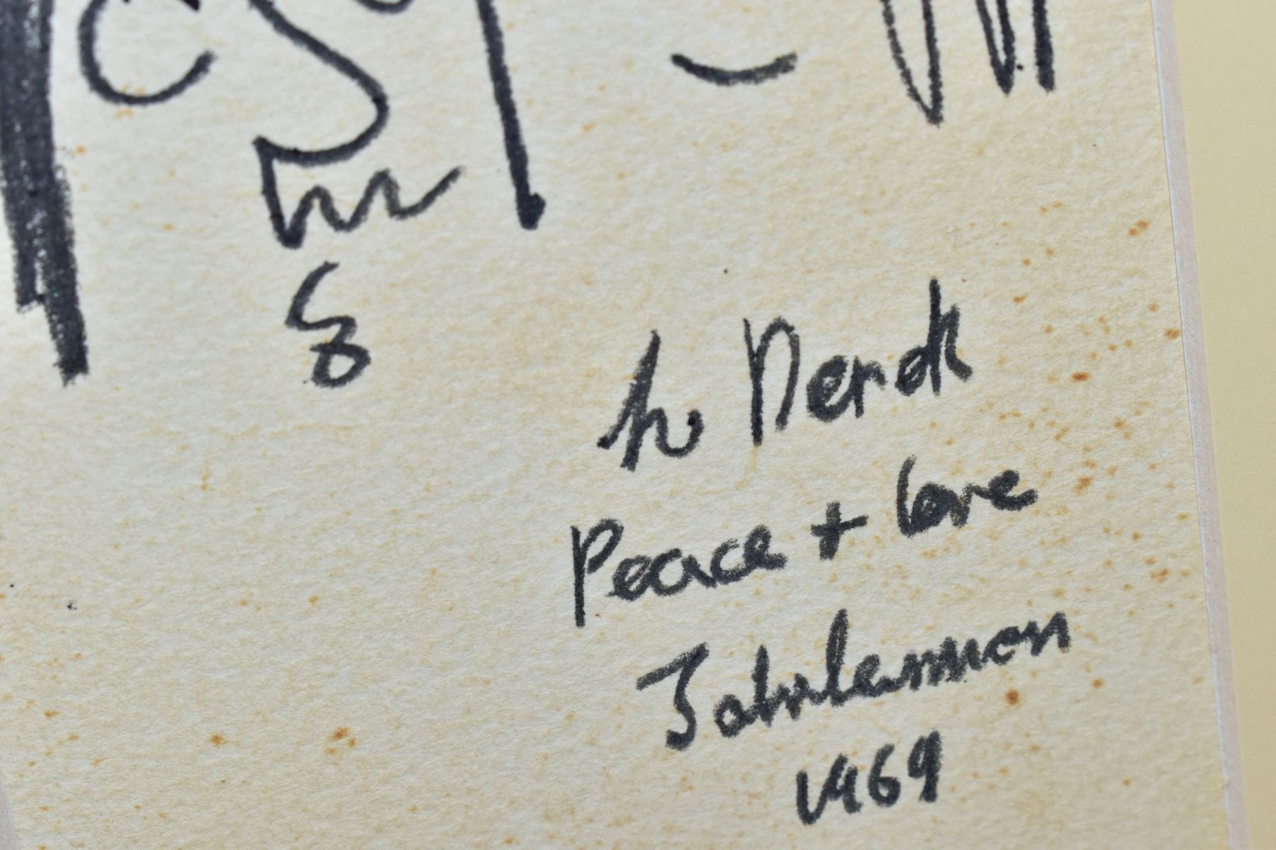 JOHN LENNON, a framed drawing attributed to John Lennon and signed 'To Derek Peace + Love John - Image 3 of 4