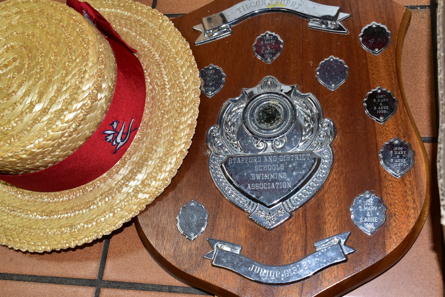 TWO BOXES OF SCHOOL TROPHIES ETC, to include EPNS cups and wooden backed shields, tallest - Image 3 of 6