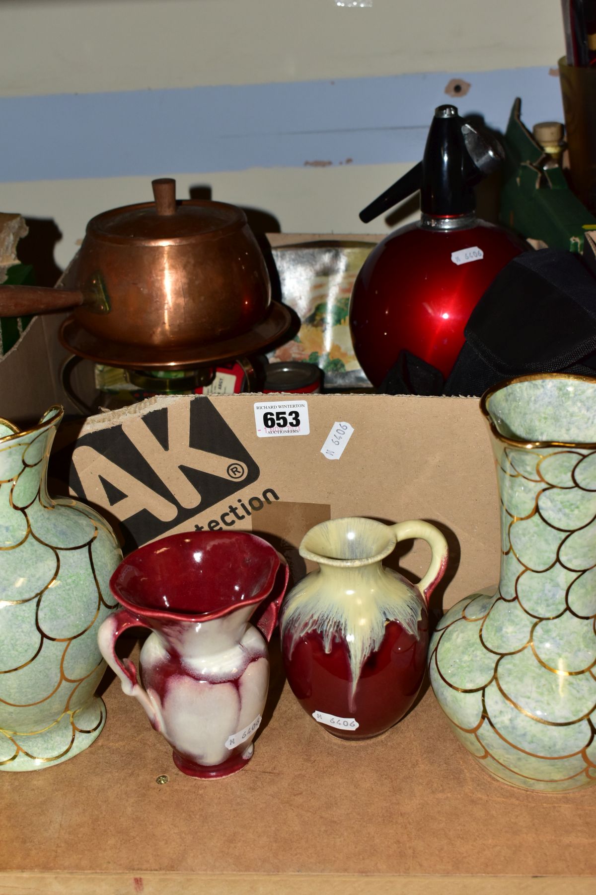 A BOX AND LOOSE CERAMICS, METALWARES, OPTICAL EQUIPMENT, ETC, to include two Oldcourt Ware jugs with