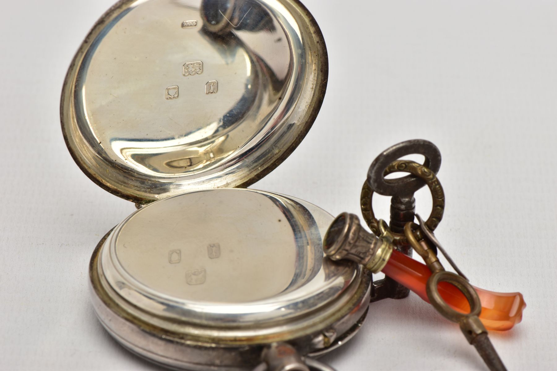 A SILVER OPEN FACE POCKET WATCH, WATCH KEY AND FOBS, the pocket watch, with a round white dial - Image 4 of 6