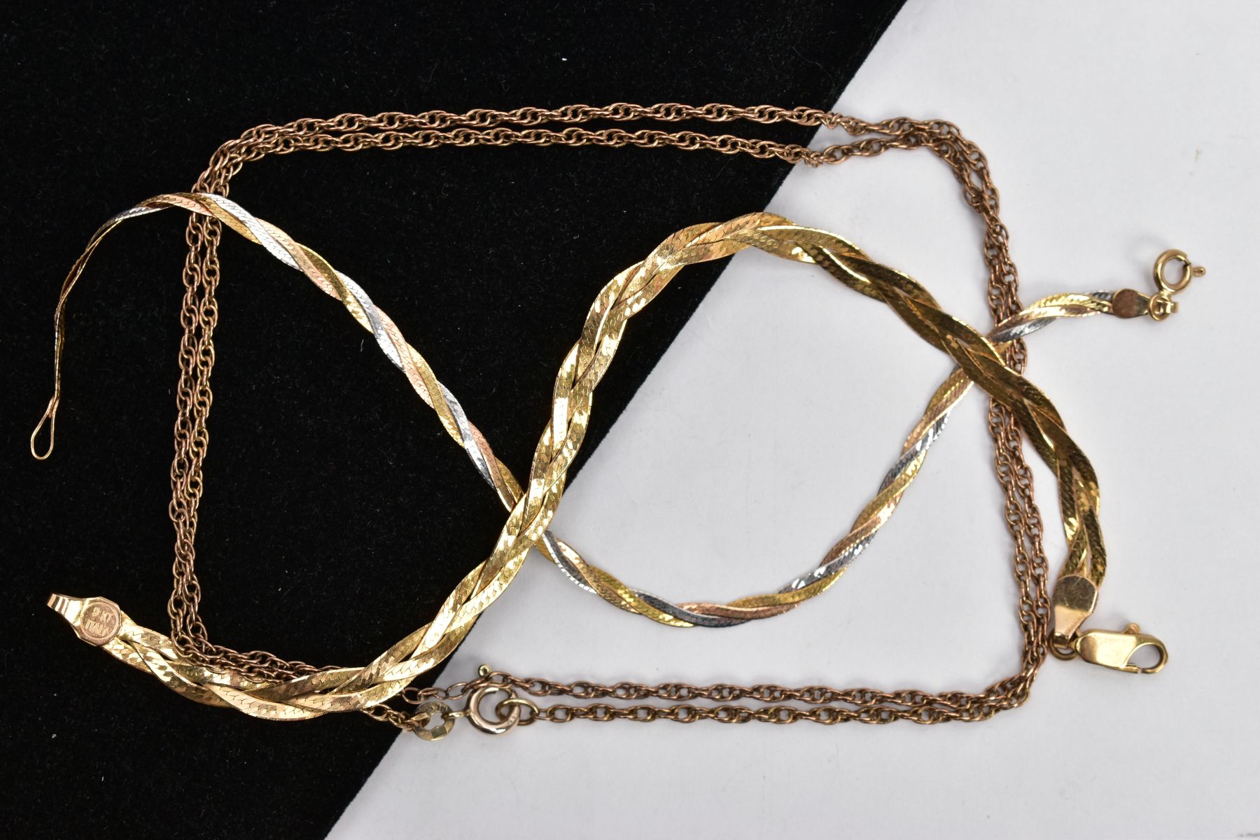 TWO 9CT GOLD PLAIT BRACELETS AND A CURB LINK CHAIN, the first plait bracelet fitted with a lobster