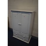 A MODERN WHITE FINISH TWO DOOR CUPBOARD, with two drawers, width 89cm x depth 48cm x height 138cm