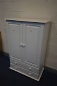 A MODERN WHITE FINISH TWO DOOR CUPBOARD, with two drawers, width 89cm x depth 48cm x height 138cm