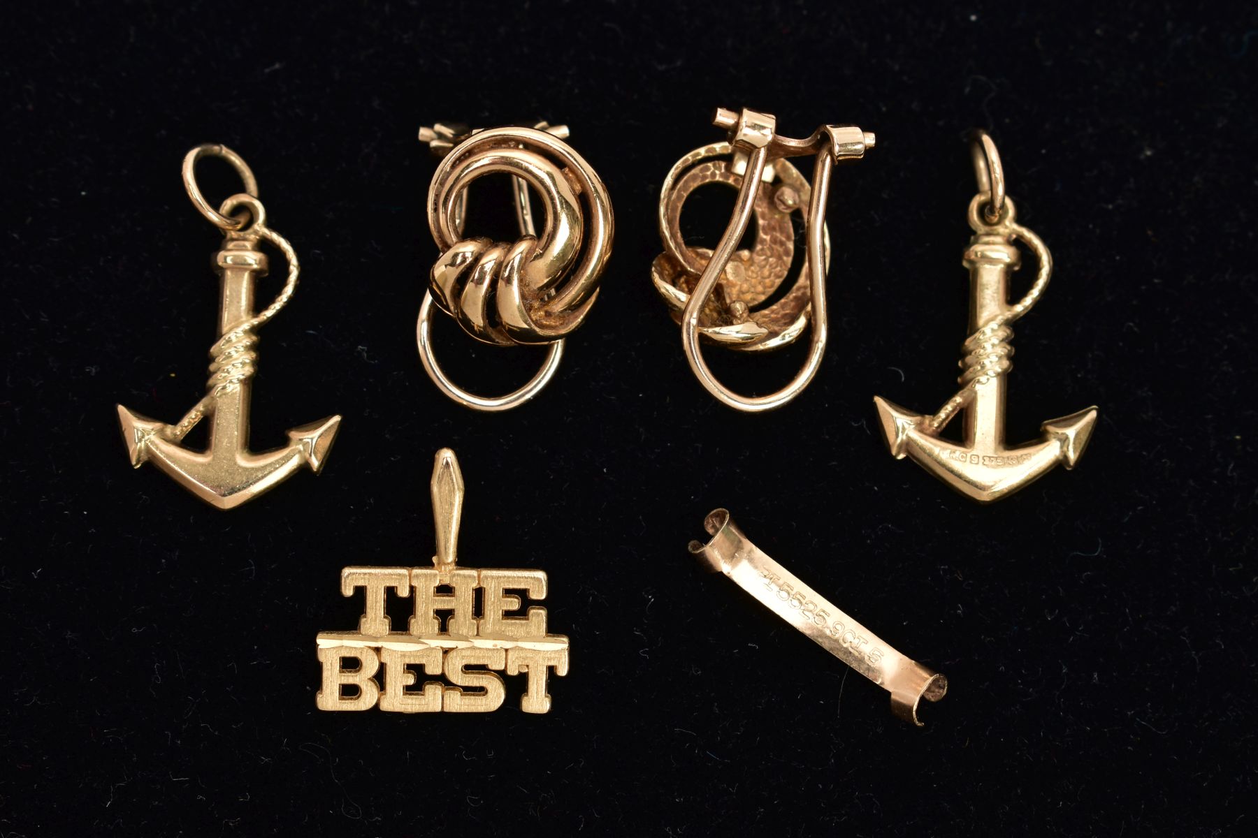 A PAIR OF 9CT GOLD NON-PIERCED EARRINGS, TWO ANCHOR PENDANTS, A RING ADJUSTER AND A YELLOW METAL - Image 2 of 2