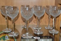 EIGHT WATERFORD CRYSTAL WINE GLASSES, etched marks to bases, approximate height 18.5cm (