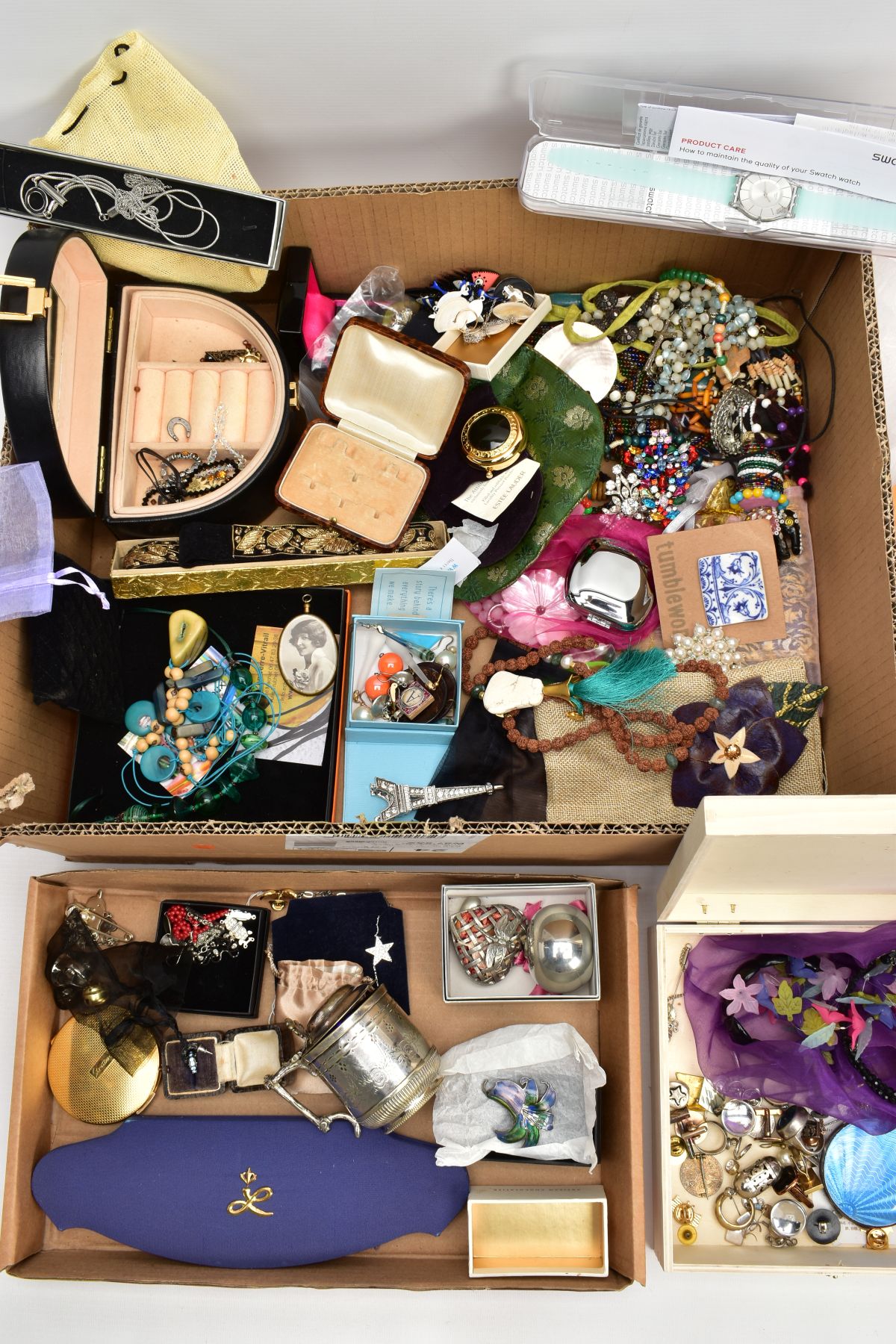 A BOX OF MOSTLY COSTUME JEWELLERY, to include a small black jewellery box with contents, various