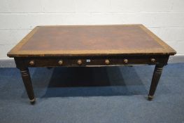 A LATE VICTORIAN OAK WRITING DESK, with a burgundy leatherette inlay top, three frieze drawers and