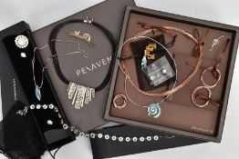A BOX OF SILVER JEWELLERY, to include a 'Pesavento' jewellery suite, to include a pair of silver