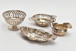 FOUR SILVER ITEMS, to include a decorative oval tray, hallmarked Chester 1903, a circular pierced