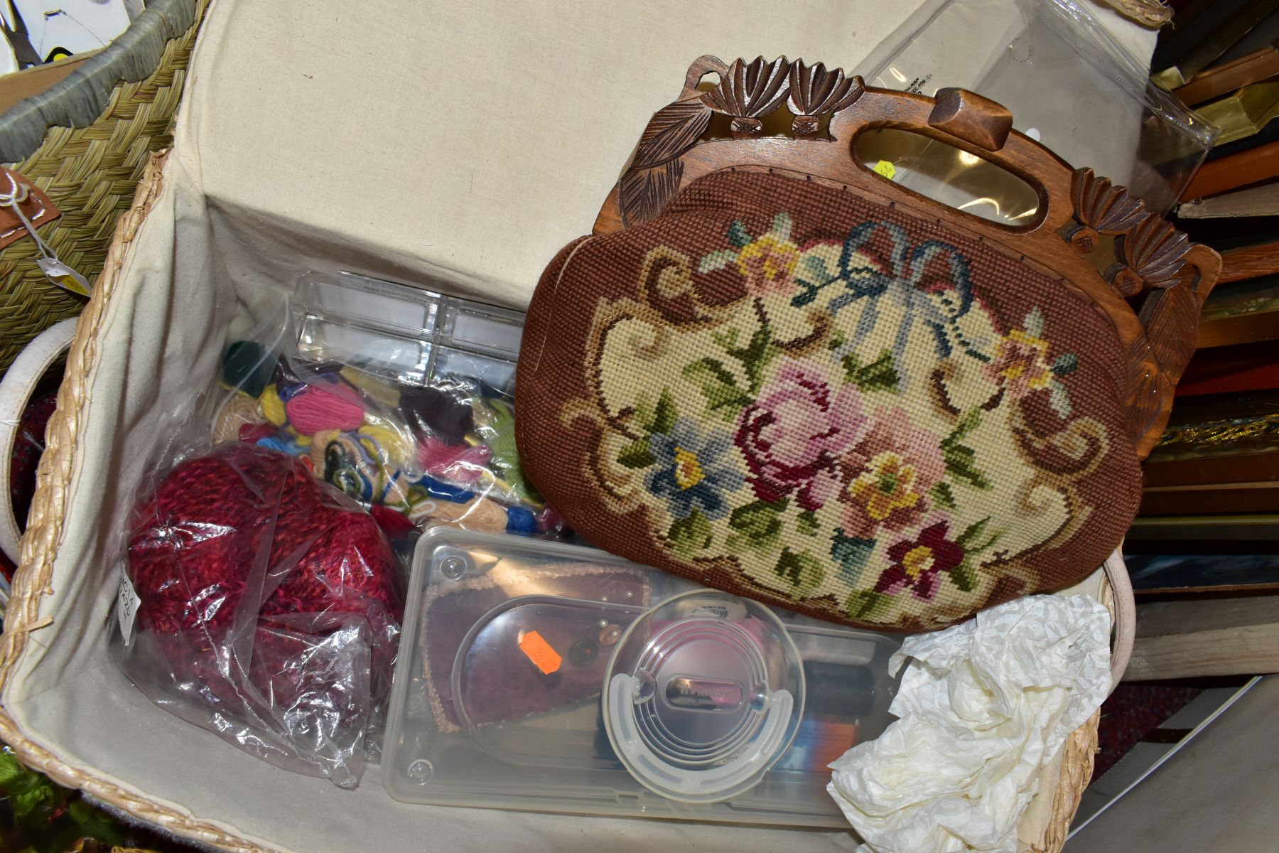 FOUR BOXES/BASKETS OF CRAFTING, NEEDLEWORK AND HABERDASHERY ITEMS, including Liberty patchwork - Image 4 of 11