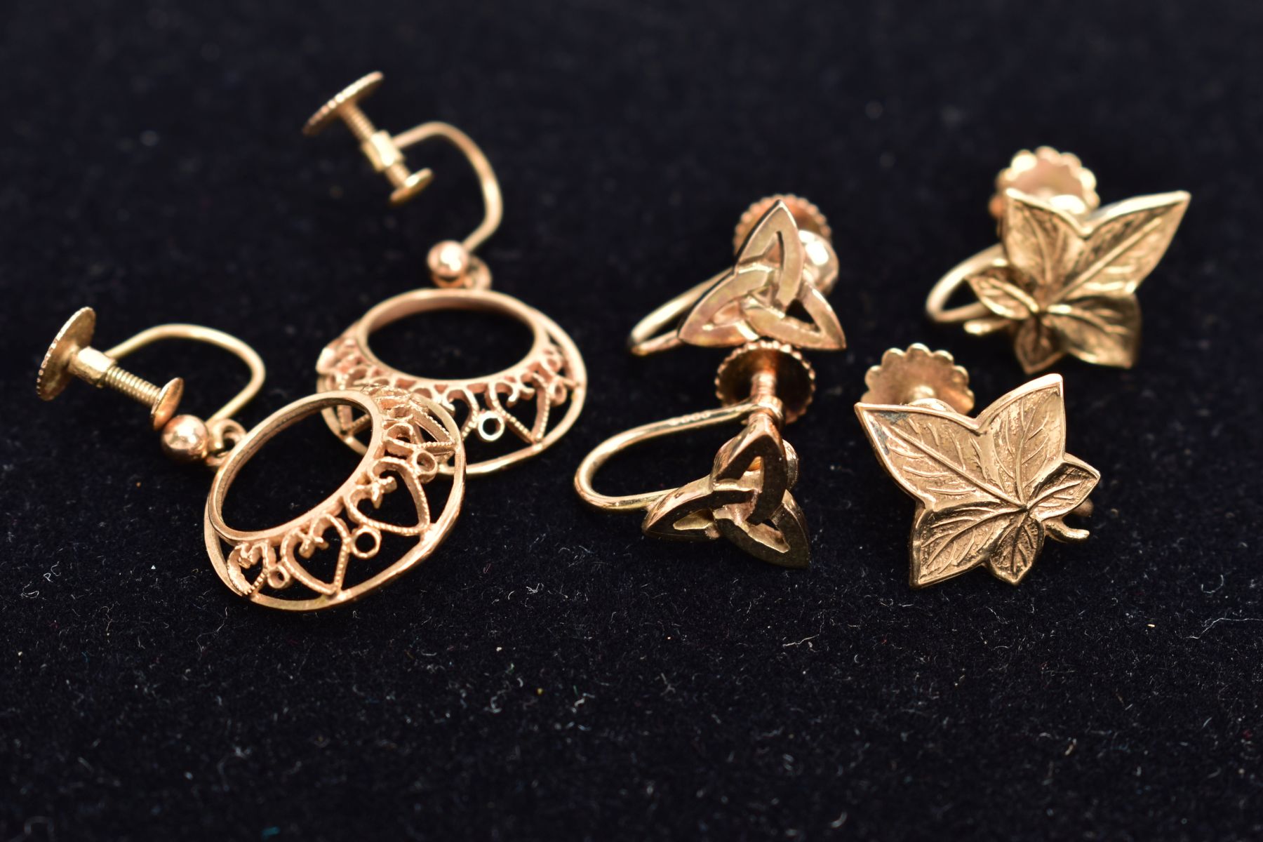 THREE PAIRS OF YELLOW METAL EARRINGS, the first pair suspending circular openwork heart detailed - Image 4 of 4