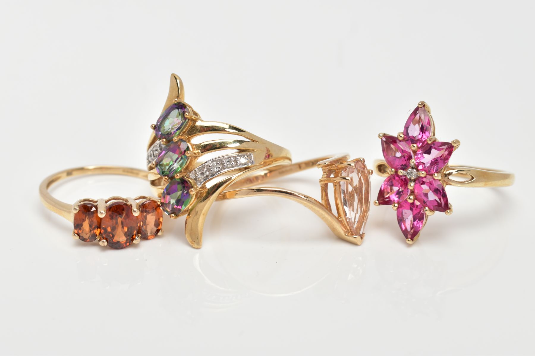 FOUR 9CT GOLD GEM SET DRESS RINGS, of various designs, set with gemstones to include morganite, - Image 2 of 3