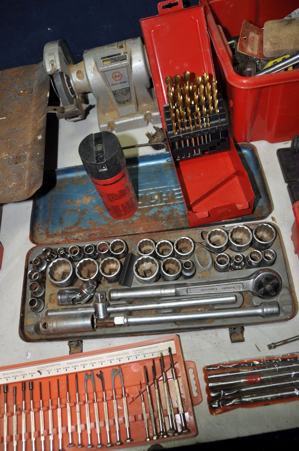 FOUR TRAYS AND A METAL TOOLBOX containing hand tools including a vintage Black and Decker Bench - Image 4 of 6