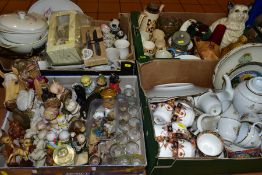 FOUR BOXES OF CERAMICS, GLASS, ETC, including a small quantity of Wade Whimsies, part tea sets,