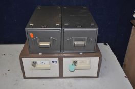 THREE METAL INDEX CARD CABINETS comprising of two single drawer cabinets measuring 38cm depth and