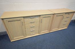 TWO PIECES OF OAK EFFECT LOUNGE FURNITURE, comprising of a sideboard with five assorted drawers