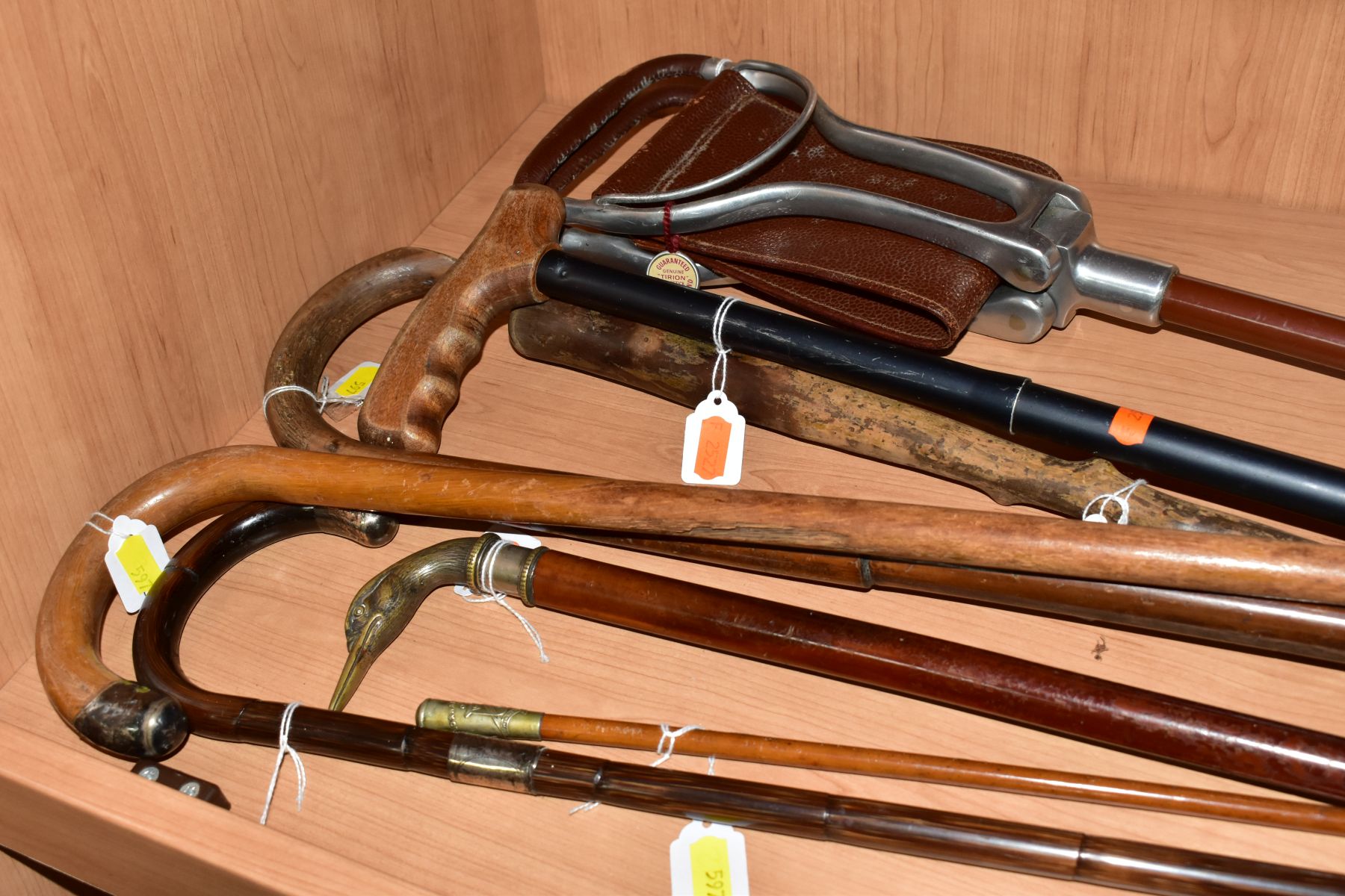 SIX VARIOUS WALKING STICKS, a shooting stick and a Bloxham School O.T.C Swaggar stick, two of the