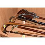 SIX VARIOUS WALKING STICKS, a shooting stick and a Bloxham School O.T.C Swaggar stick, two of the