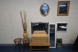 A WICKER BLANKET BOX, coffee table and vase, a pair of painted bamboo glass top circular