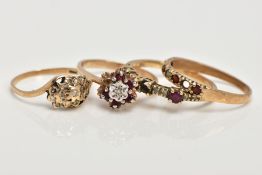 FOUR GEM SET RINGS, to include a cross over diamond cluster ring and a ruby and diamond cluster