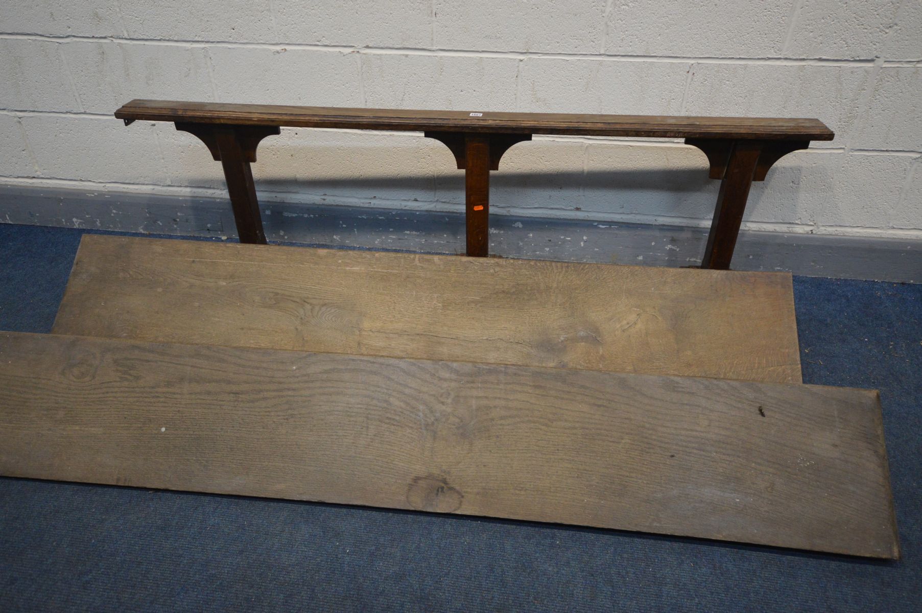 TWO BENCH TOPS, length 185cm x depth 30cm, along with a prayer stand, length 183cm x height 50cm (3)