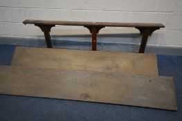 TWO BENCH TOPS, length 185cm x depth 30cm, along with a prayer stand, length 183cm x height 50cm (3)