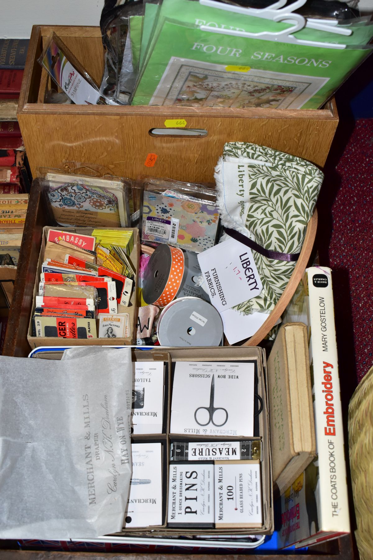 FOUR BOXES/BASKETS OF CRAFTING, NEEDLEWORK AND HABERDASHERY ITEMS, including Liberty patchwork - Image 9 of 11